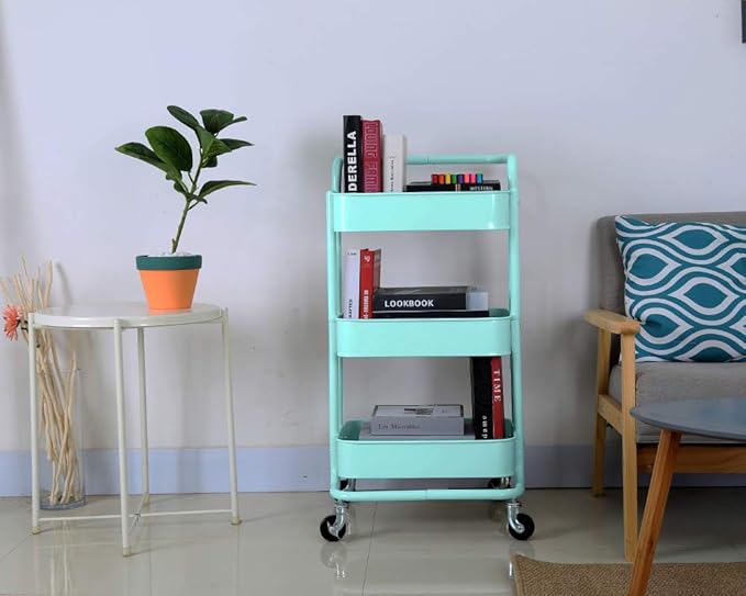 3-Tier Metal Mesh Rolling Cart Storage Organizer with Utility Handle and Wheels, Turquoise-NeatNest