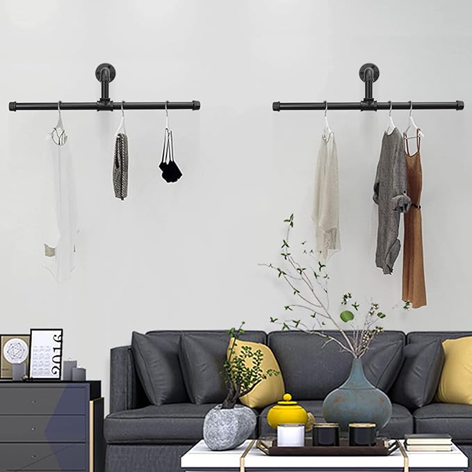 Industrial Pipe Clothes Rack Floating DIY Wall Mounted, Heavy Duty Rustic Vintage Clothing Rod, Metal Garment Bar Space-Saving Hanging for Bedroom, Bathroom and Laundry Room (Black)-NeatNest