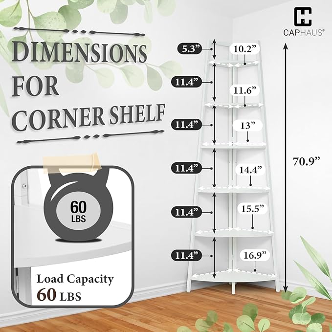 CAPHAUS Tall Corner Shelf Stand, 6-Tier Display Shelves, Ladder Corner Wood Storage Plant Bookshelf with Metal Frame, Versatile Shelving Unit Bookcase for Home Office Space, White-NeatNest