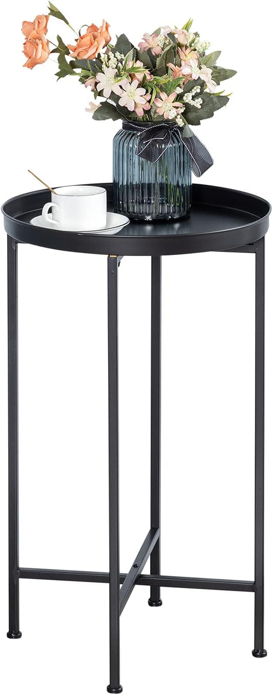 HollyHOME Small Round Metal Waterproof End Table, Accent Indoor&Outdoor Coffee Side Table, Snack Sofa Table for Living Room, Anti-Rust Decorative Plant Stand, (D) 14.5" x (H) 25", Black-NeatNest