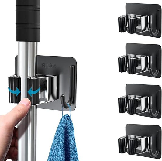 Mop Broom Holder No Drill, Mop Broom Organizer Wall Mounted Heavy Duty with Hooks Hanger, Self Adhesive Stainless Steel 4Pcs for Bathroom, Kitchen, Office (Multicolor)-NeatNest
