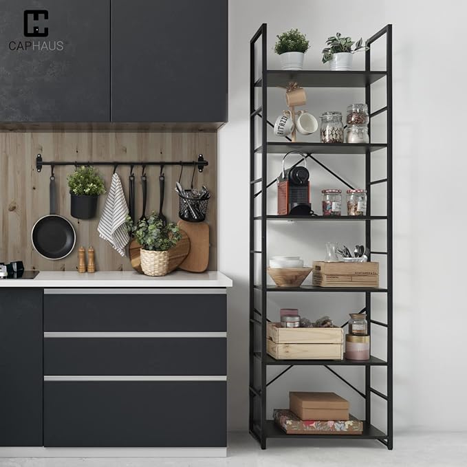 CAPHAUS 6 Tier Bookshelf, 24 Inch Width Free Standing Shelf, Bookcase Shelf Storage Organizer, Industrial Book Shelves for Home Office, Living Room, Kitchen, Black Shelves & Metal Frame-NeatNest