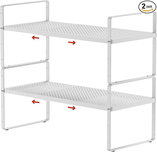 2Pack Expandable Cabinet Shelf Organizers, Stackable Metal Shelves Extender for Kitchen Countertop Storage, Adjustable Spices Shelves Rack Stand for Cupboard Pantry, White-NeatNest