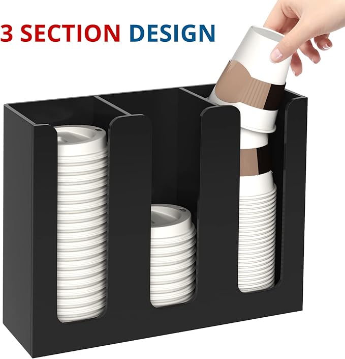 Acrylic Cup and Lid Holder, 3 Compartment, Disposable Coffee Cup Dispenser Cup Storage Organizer, Black-NeatNest