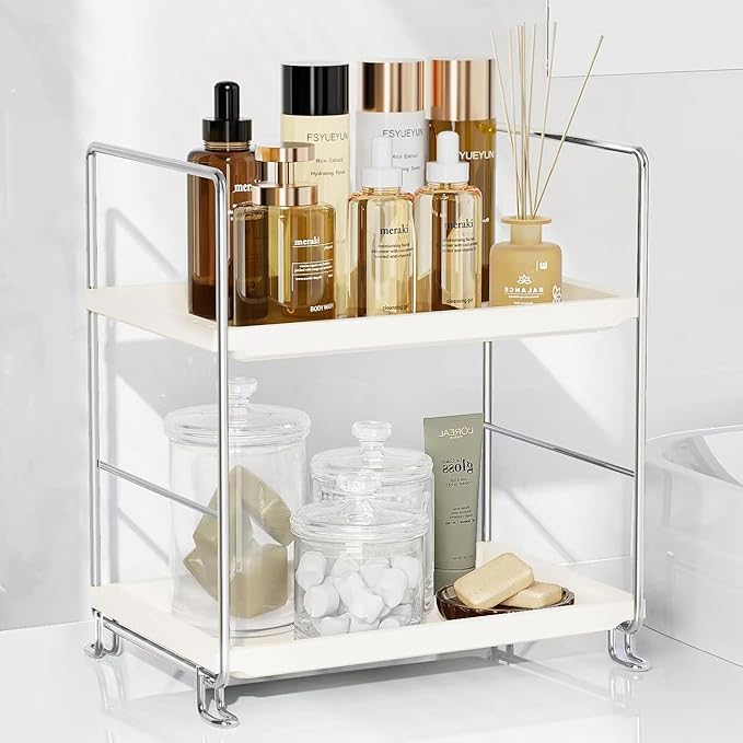 FSyueyun 2-Tier Bathroom Countertop Organizer, Tool-Less Installation Premium Plastics Makeup Shelf Organizer Perfume Skincare for Dresser Vanity Tray Organizers and Storage (Sliver)-NeatNest