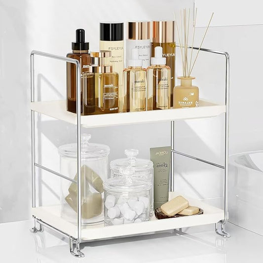 FSyueyun 2-Tier Bathroom Countertop Organizer, Tool-Less Installation Premium Plastics Makeup Shelf Organizer Perfume Skincare for Dresser Vanity Tray Organizers and Storage (Sliver)-NeatNest