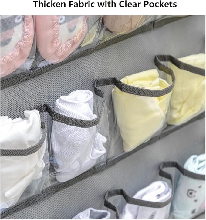 Hanging Baby Shoes Organizer Baby Headband Holder Closet Organizer for Baby Bow Socks Underwear with 30 Clear Pockets (GREY)-NeatNest