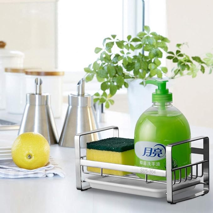2 Pack Kitchen Sponge Holder - Kitchen Sink Organizer - Sink Caddy - Sink Tray - Soap Holder - Stainless Steel,Silver+White