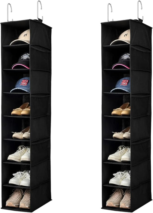 Hanging Shoe Organizer for Closet with Side Mesh Pockets，Hat Racks for Baseball Caps，Shoe and Hat Holder & Storage，8-Shelf，Black，2 Pack-NeatNest