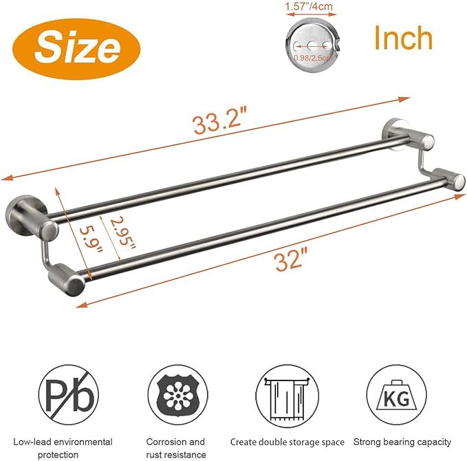 TocTen Double Bath Towel Bar - Thicken SUS304 Stainless Steel Towel Rack for Bathroom, Bathroom Accessories Double Towel Rod Heavy Duty Wall Mounted Towel Holder (Brushed Nickel, 33 in)