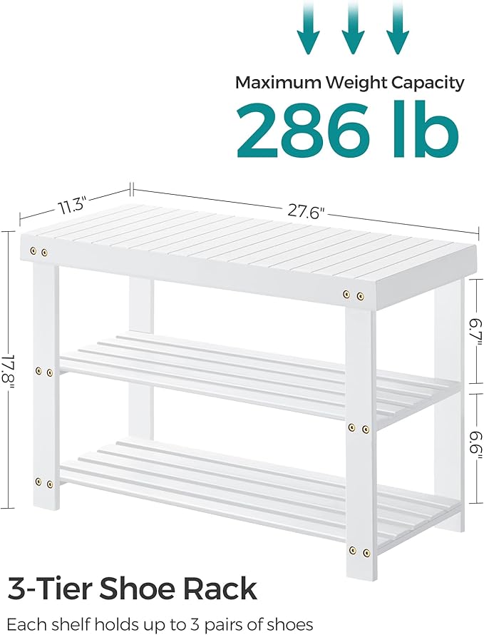 SONGMICS Shoe Rack Bench, 3-Tier Bamboo Shoe Storage Organizer, Entryway Bench, Holds Up to 286 lb, 11.3 x 27.6 x 17.8 Inches, for Entryway Bathroom Bedroom, Cloud White ULBS004W01-NeatNest