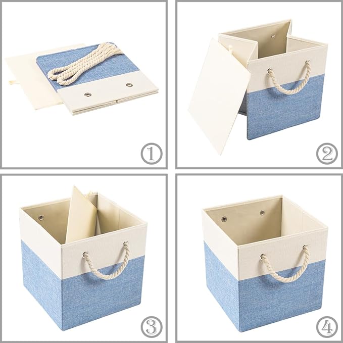 PRANDOM Large Foldable Cube Storage Bins 13x13 inch [2-Pack] Fabric Linen Storage Baskets Cubes Drawer with Cotton Handles Organizer for Shelves Nursery Closet Bedroom Beige/Blue-NeatNest