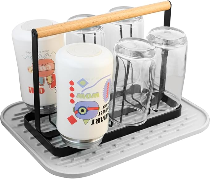 Cup Drying Rack Stand,Beer Glasses Rack 6 Cup Metal Drainer Holder Rack Non-Slip Mugs Cups Organizer with Wood Handle, Black-NeatNest