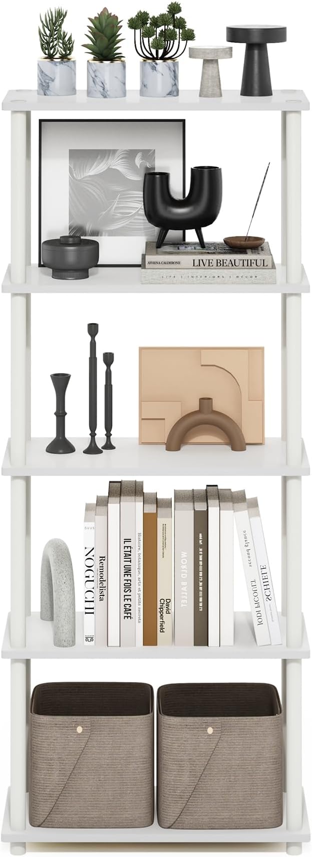 Furinno Turn-N-Tube 5-Tier Multipurpose Shelf Display Rack, White/White-NeatNest