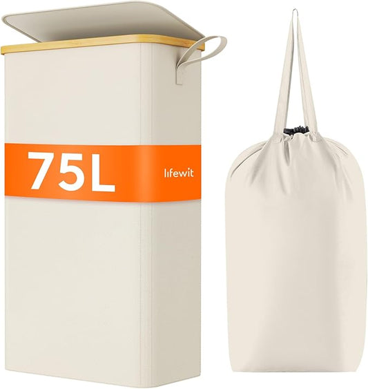Lifewit 75L Slim Laundry Hamper with Lid, Narrow Laundry Basket with Removable Bag & Bamboo Handles, Fodable Thin Dirty Clothes Hamper for Laundry Collapsible Bin for Bathroom Bedroom Dorm, White-NeatNest