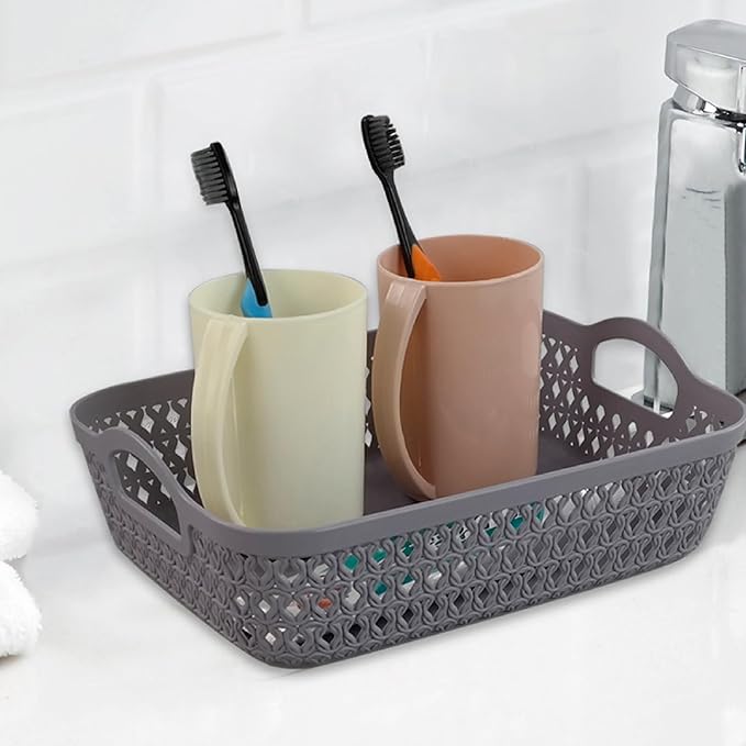Kekow Small Plastic Storage Basket Tray with Handle, 6-Pack, Gray-NeatNest