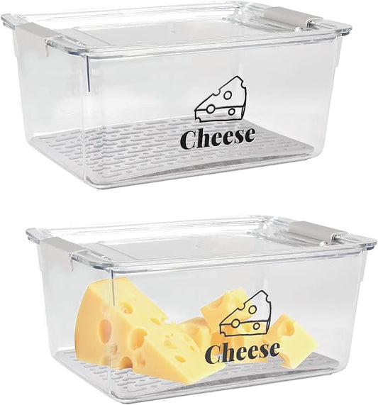 Cheese Container Airtight with Draining Basket Cream Cheese Sliced Cheeses Box with Lid Saver for Fridge Cheeses Keeper Cream Block Shredded Storage Box Saver (Clear - 2 Pack)-NeatNest