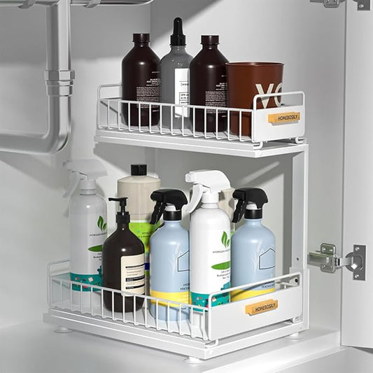 Under Sink Organizer, Pull Out Kitchen Cabinet Organizer, 2-Tier Metal Under Sink Organizers and Storage Height-Adjustable, Kitchen Bathroom Organizers and Storage Shelves, White-NeatNest