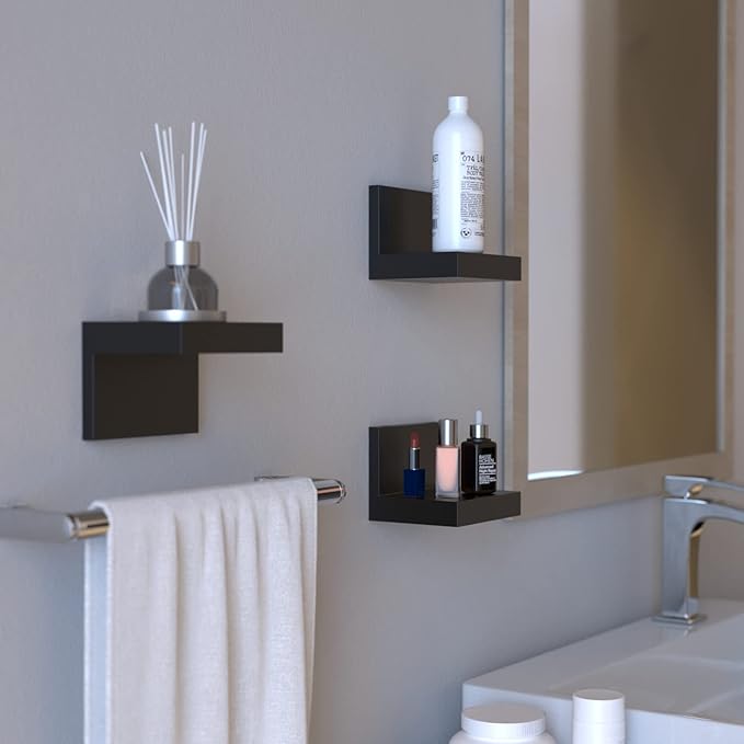 7-Pack Small Floating Shelves for Wall by RicherHouse, Plastic Black Shelf 4 Inch Display Ledges Room Decor, Mini with 2 Types of Installation (Adhesive or Screw)-NeatNest