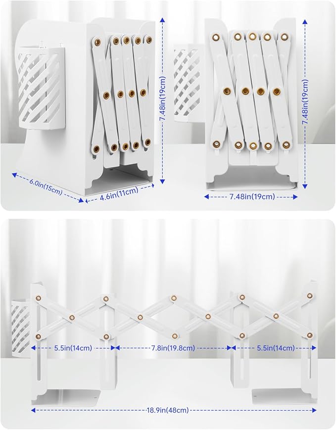 Honagu Adjustable Bookends, Metal Book Ends for Shelves Heavy Book, Desk Magazine File Organizer for Home, Office, Books, Papers, Extends up to 19 inches with Pen Holder (White)
