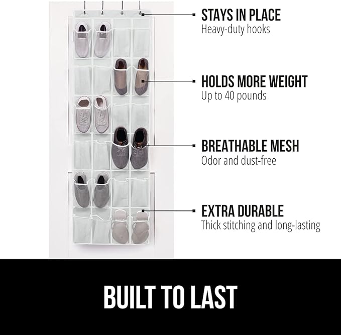 GORILLA GRIP Over the Door Shoe Organizer, 2 Pack, 24 Breathable Mesh Pockets, Space Saving Hanging Storage Holder, Closet Rack Hanger Holds Up to 40 lbs, Hangs on Closets, Shoes, Accessories, White-NeatNest