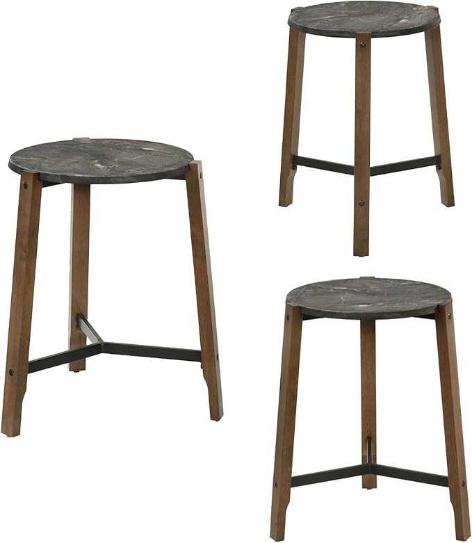 CIMOTA Round Side Table, 22.5" End Accent Table with Solid Wood Leg, Black Marble Texture Tabletop, Metal Beam, Round Nightstand for Small Spaces/Living Room/Bedroom, Black-NeatNest