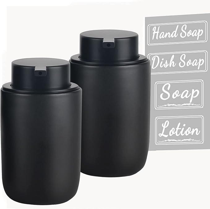 BosilunLife Black Soap Dispenser Set - 2 Pack 12oz Ceramic Dish Soap Dispenser with Rust Proof Pump for Kitchen, Hand Soap and Lotion Set Suitable for Farmhouse Bathroom Decor with Waterproof Labels-NeatNest