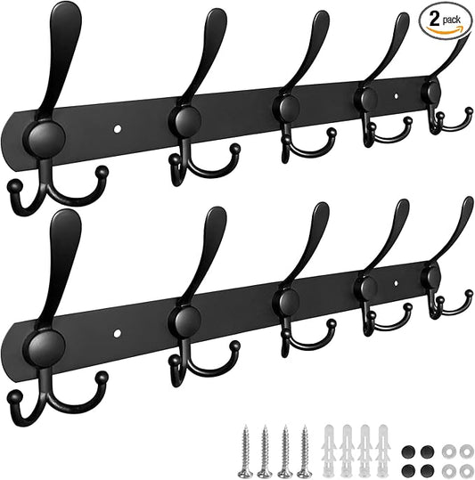 2 Pack 5 Tri-Hooks Coat Rack Wall Mounted - Thickened 304 Stainless Steel Coat Hooks, 16 Inches Heavy Duty Coat Rack Wall Mount, Anti-Sliding Towel Hooks, Holding up to 44 lbs, Matte Black