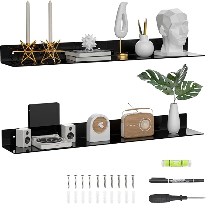 36 Inches Acrylic Long Wall Shelf Set of 2, Black Wall Mounted Acrylic Bathroom Storage Shelves Display Organizer, Floating Shelf for Bottle Oragnizer, Spice, Wine, Toys, Controller, Cup-NeatNest