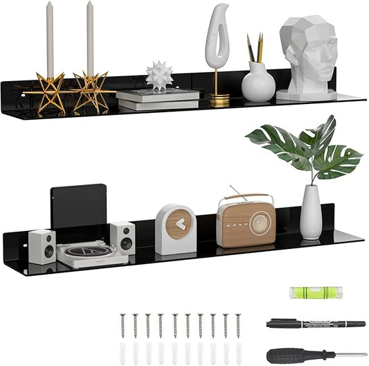 36 Inches Acrylic Long Wall Shelf Set of 2, Black Wall Mounted Acrylic Bathroom Storage Shelves Display Organizer, Floating Shelf for Bottle Oragnizer, Spice, Wine, Toys, Controller, Cup-NeatNest