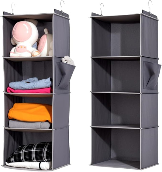 2 Packs Hanging Closet Organizer, 4-Shelf Closet Organizers and Storage with Side Pockets, Collapsible Hanging Shelves for Closet & RV & College Dorm,Grey-NeatNest
