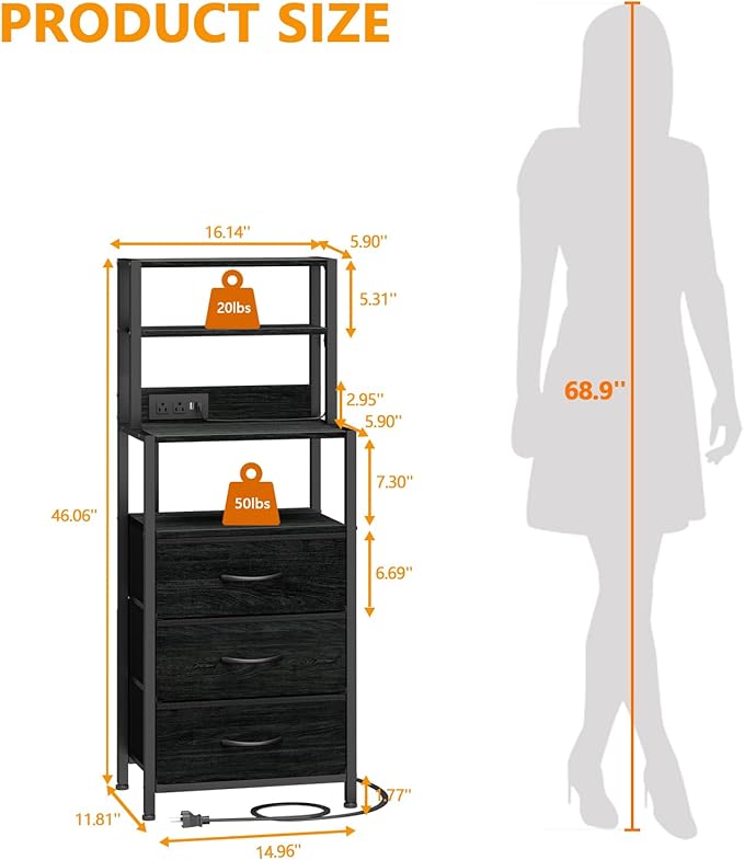 Furnulem Night Stand, Tall Nightstand with 4-Tier Shelves and 3 Fabric Drawers, LED Bed Side Tables with Charging Station, Bedside Table for Bedroom, Hallway, Home Office, Black Oak