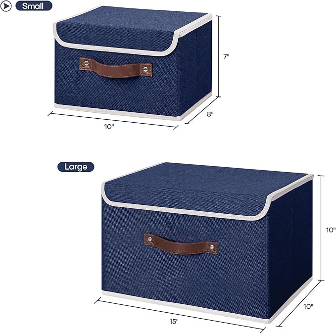 ANMINY 2PCS Storage Bins with Lid PU Leather Handles Storage Boxes PP Plastic Board Decorative Foldable Lidded Cotton Linen Fabric Home Cubes Baskets Closet Organizer Containers - Blue, Small Size-NeatNest