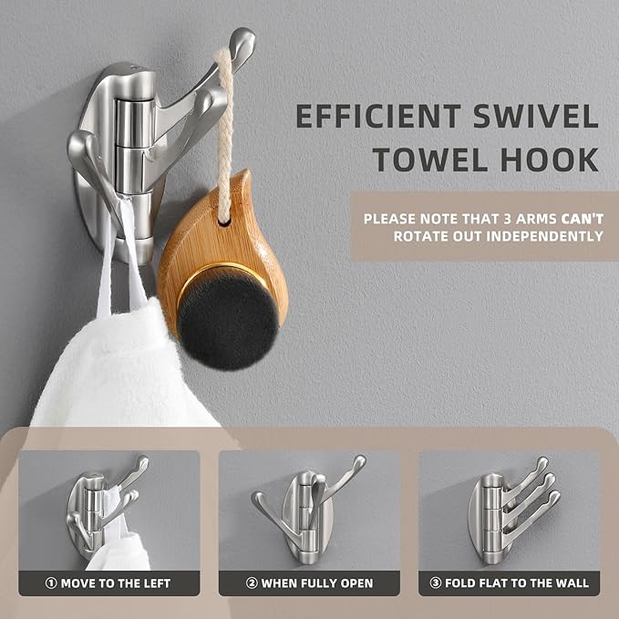 Angle Simple Bathroom Towel Hook, Metal Foldable Swivel Hook, Robe Coat Hanger for Wall, Brushed Nickel