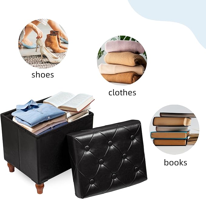 CAROLMADE Folding Storage Ottoman Cube PU Leather Footstool with Wood Legs Ottoman Footrest for Living Room and Bedroom Black, 15x12.6 x 15.4”-NeatNest