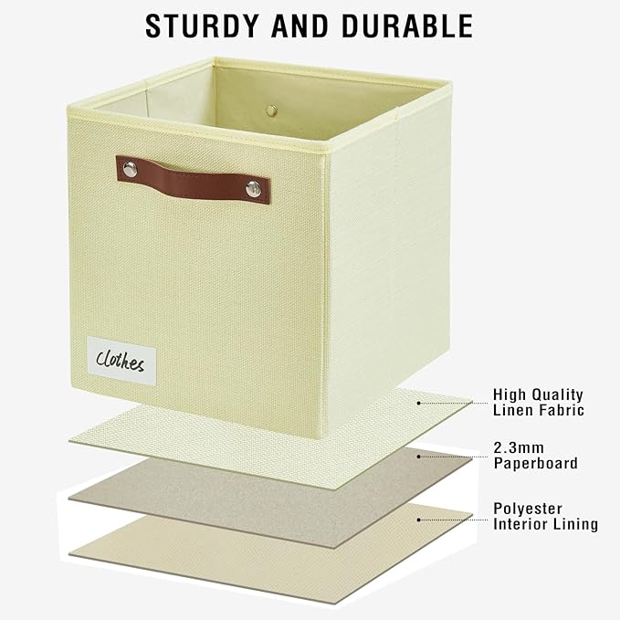 Collapsible Fabric Storage Cube Bins with 2 Reinforced PU Handles, Foldable Storage Organizer Baskets for Closet, Shelves, Living Room | 11"x11"x11", 4 Pack, Full Beige-NeatNest