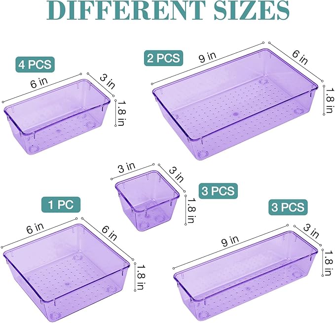 13 PCS Drawer Organizer Set, 5 Varied Size Bathroom and kitchen Drawer cabinet organizer Trays, Clear Storage Bins for Makeup, Jewelry, Utensils and Gadgets, Purple-NeatNest