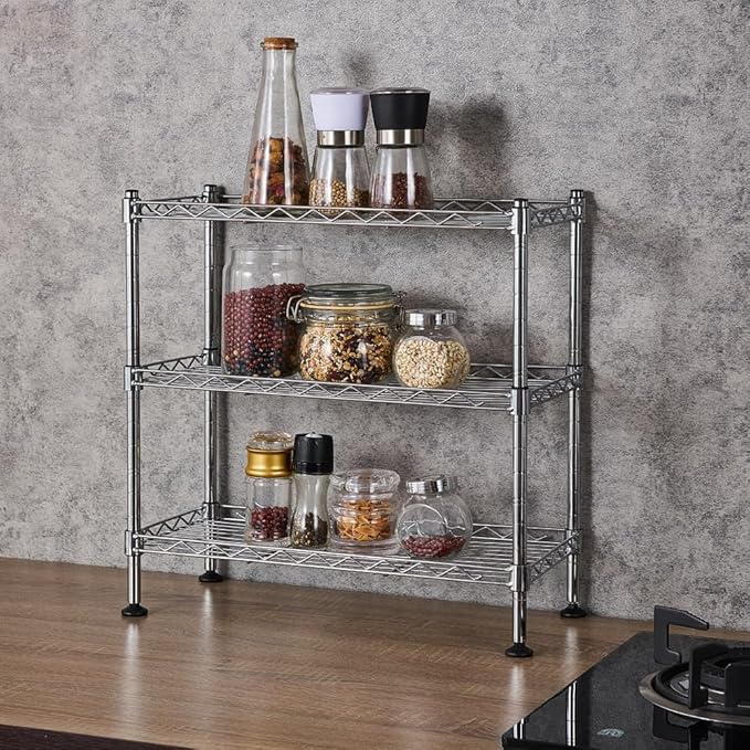 3-Tier Wire Storage Shelving, Steel Metal Storage Rack, Industrial-Strength Steel Wire Rack Storage Organizer, Adjustable Shelves, for Bathrooms, Closets, Kitchen, Pantry Silver Finish-NeatNest