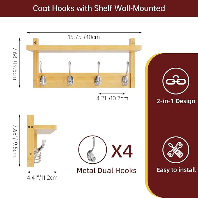 Coat Rack with Shelf, 2 Pack Bamboo Wall-Mounted Coat Hanger with 8 Hooks for Entryway, Hallway, Kitchen, Bathroom, Living Room, Utility Room (Natural)-NeatNest