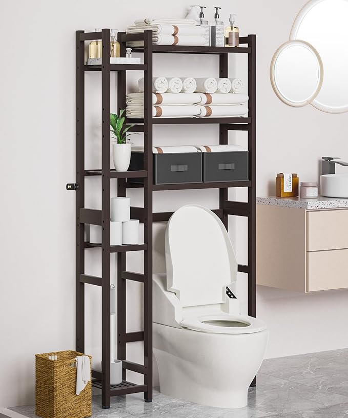 Homde Over The Toilet Storage with Basket and Drawer, Bamboo Bathroom Organizer with Adjustable Shelf & Waterproof Feet Pad, Space Saver Rack for Restroom, Laundry, Brown-NeatNest