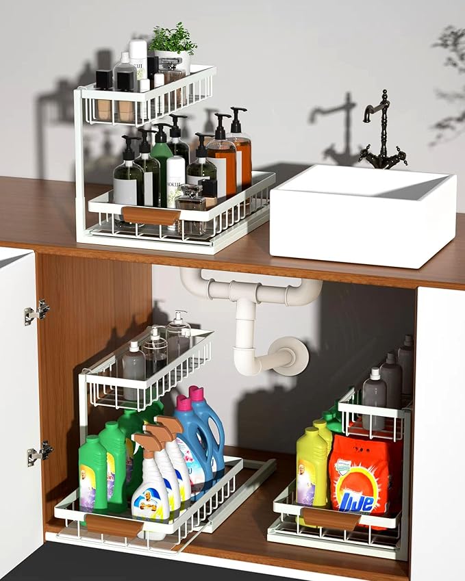 2 Pack Under Sink Organizer,Metal Pull Out Kitchen Cabinet Organizer with Sliding Drawer,Sturdy Multi-functional for Bathroom Organization,White-NeatNest