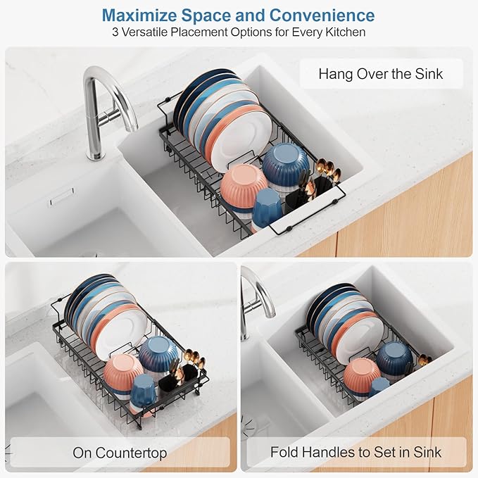 iSPECLE in Sink Dish Drying Rack - Capacity Expandable Over Sink Dish Rack with Mat (15.8"- 20.7"), Dish Drainer for Kitchen Counter with Utensil Holder Large Capacity, Black