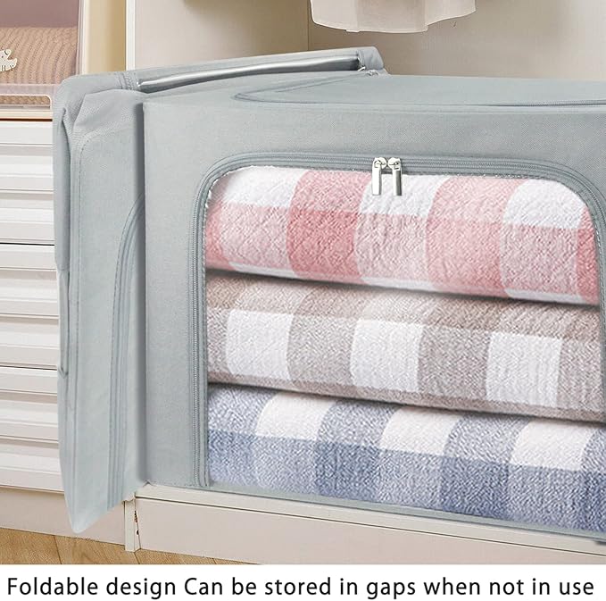 Clothes Storage Box Bins Stackable Foldable Organizer,Sturdy Handles with Metal Frame for Clothing Bedding Shelves,Closet Container with Clear Window Zipper and Label Holder (Gray, 66L x3 Pack)-NeatNest