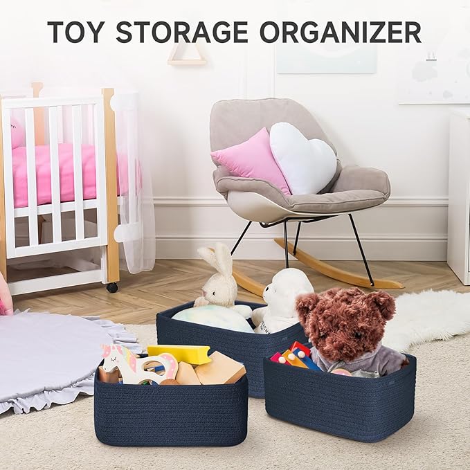 3-Pcs Shelf Baskets for Organizing, Closet Organizer Bins, Small Woven Baskets, Rope Toy Basket, Storage Basket for Shelves, Cube Decorative Box, 11.5×7.5×5.1”, Navy Blue-NeatNest