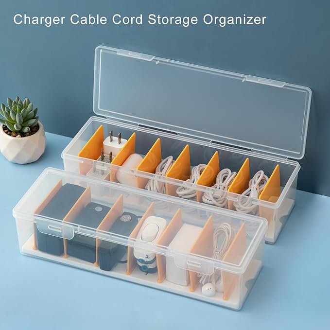 Small Deep Strips Container with Lid for Membership Card, Charger Cable Cord, Trading Card Organizer, Craft Supply, Office Supplies, Battery Storage(Clear+Yellow-2pack)-NeatNest