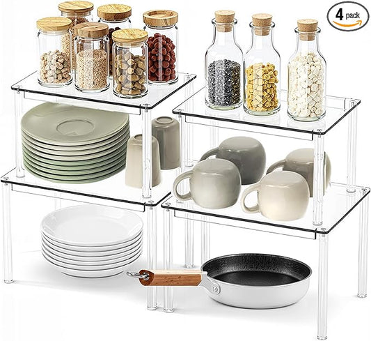 Acrylic Cabinet Organizer Shelf-4 Pack,Stackable Spice Rack Organizer for Cabinet,Clear Shelves for Kitchen Organizers and Storage-NeatNest