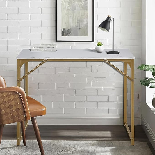 40 Inch Computer Desk for Bedroom，Sturdy Wooden Work Desk for Home Office，Simple Modern Style Tables with Metal Desk Legs Writing Study Table for Adults&Kids,White Gold