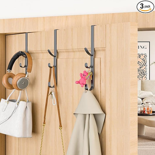 Over the Door Hooks hanger,over the door towel hook Organizer hanging for coat clothes backpack hat purse Metal Towel Rack Back of Shower for Bathroom,Dorm,Bedroom,Kitchen,Office Closet (Black-3Packs)