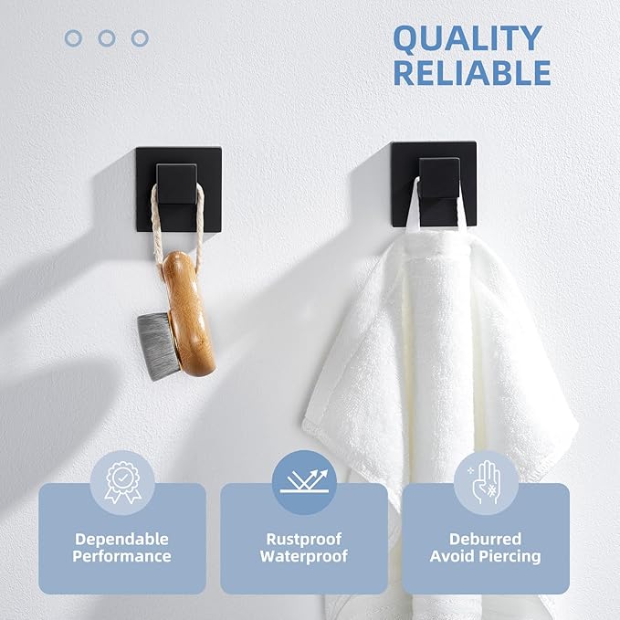 Angle Simple Matte Black Towel Hooks for Bathroom, SUS 304 Stainless Steel Square Wall Coat Hooks, 2 Pack