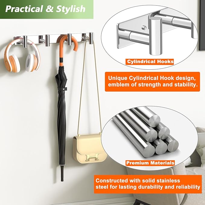 Wall Mounted Coat Rack-4 Hooks, Heavy Duty Stainless Steel Hook Rail for Towel Coat Hat Purse Bag Jacket, Towel Hooks for Entryway Bathroom Kitchen (Glossy 4 Hooks - 1 Pack)-NeatNest